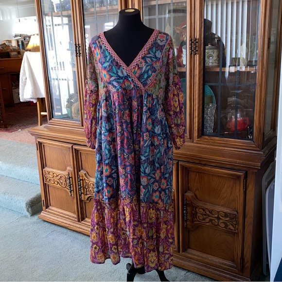 NWT Sundance Catalog Jewel Tone Floral Peasant Dress Sz L $158 - Picture 2 of 6